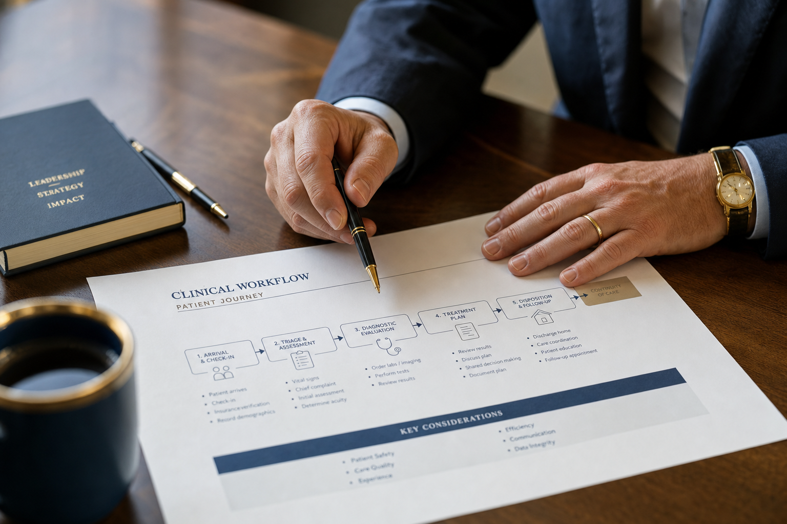 Hands of a healthcare leader reviewing a clinical workflow document