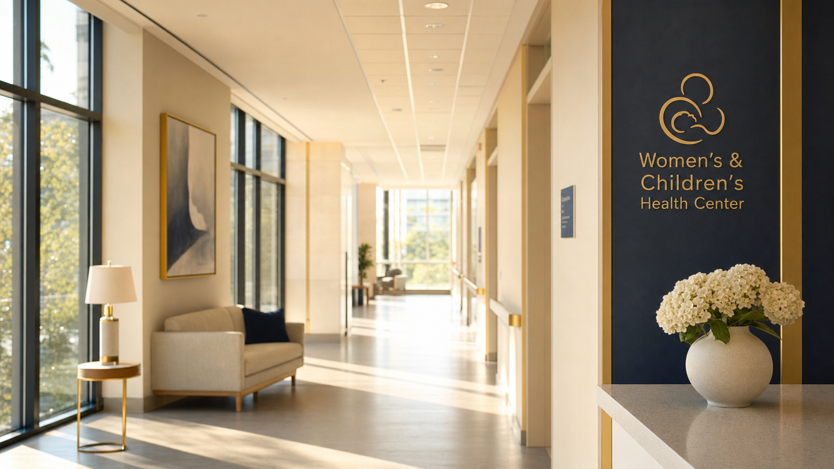 A sunlit corridor of a women's and children's health center, with soft natural light and warm gold accents